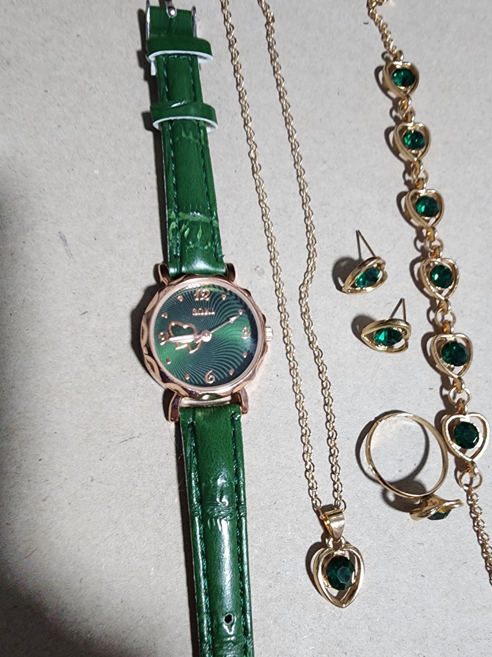 Green Leather Strap Watch with Gold-Tone Case